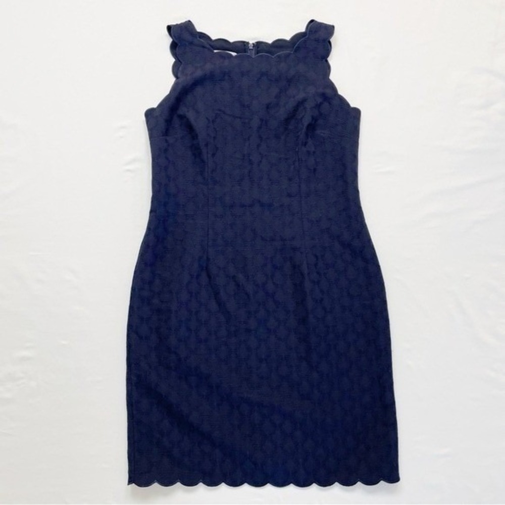 Talbots RSVP Rich Indigo Cocktail Sheath Dress Scalloped Navy Blue Jacquard 10